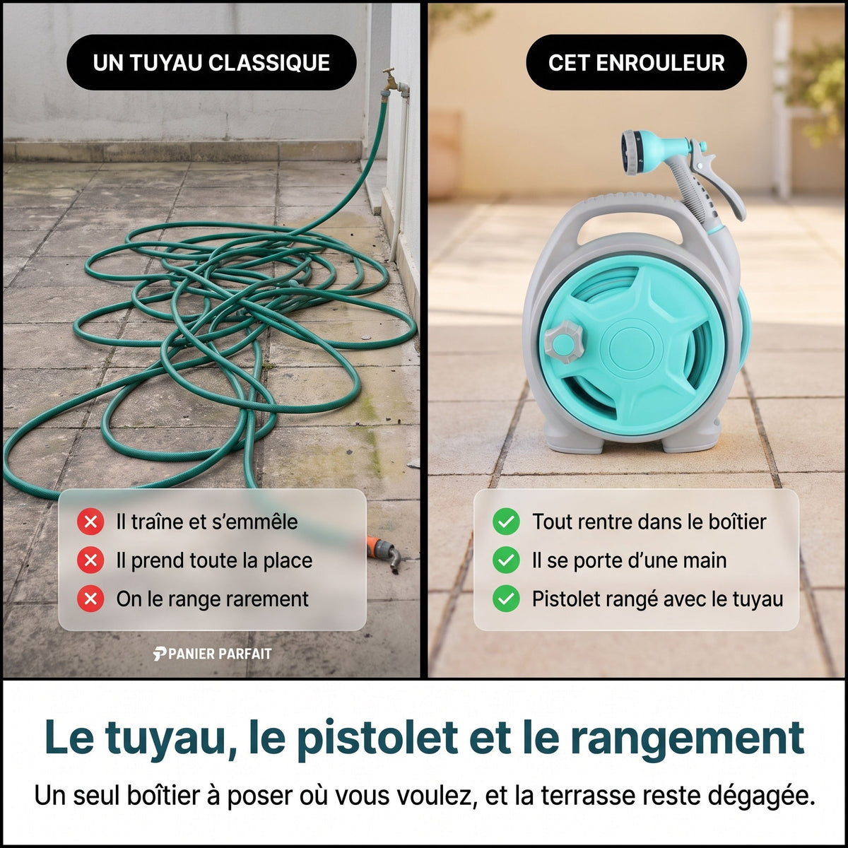 Tuyau d'arrosage rétractable avec enrouleur et pistolet multifonction