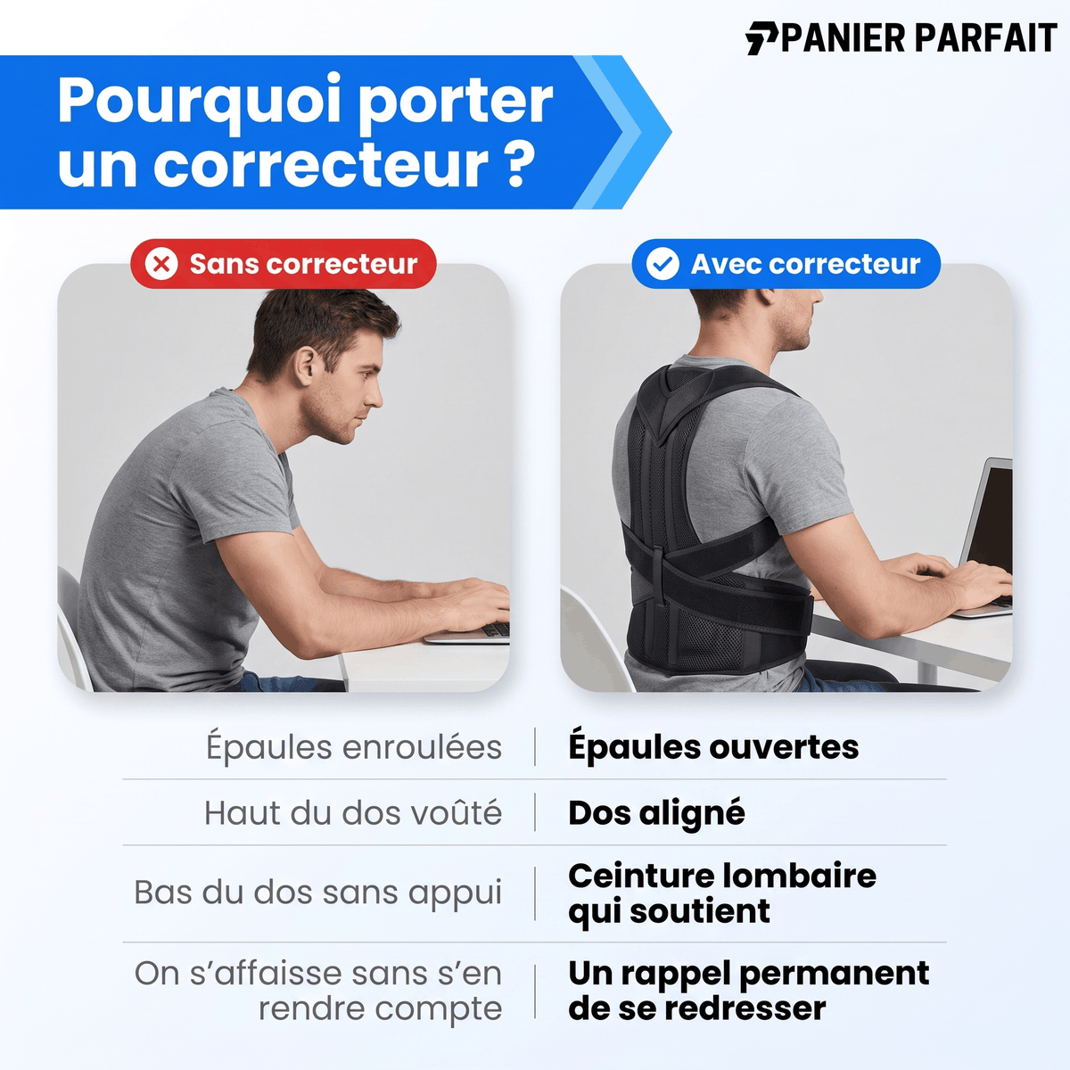 Correcteur de posture avec soutien lombaire intégré ajustable